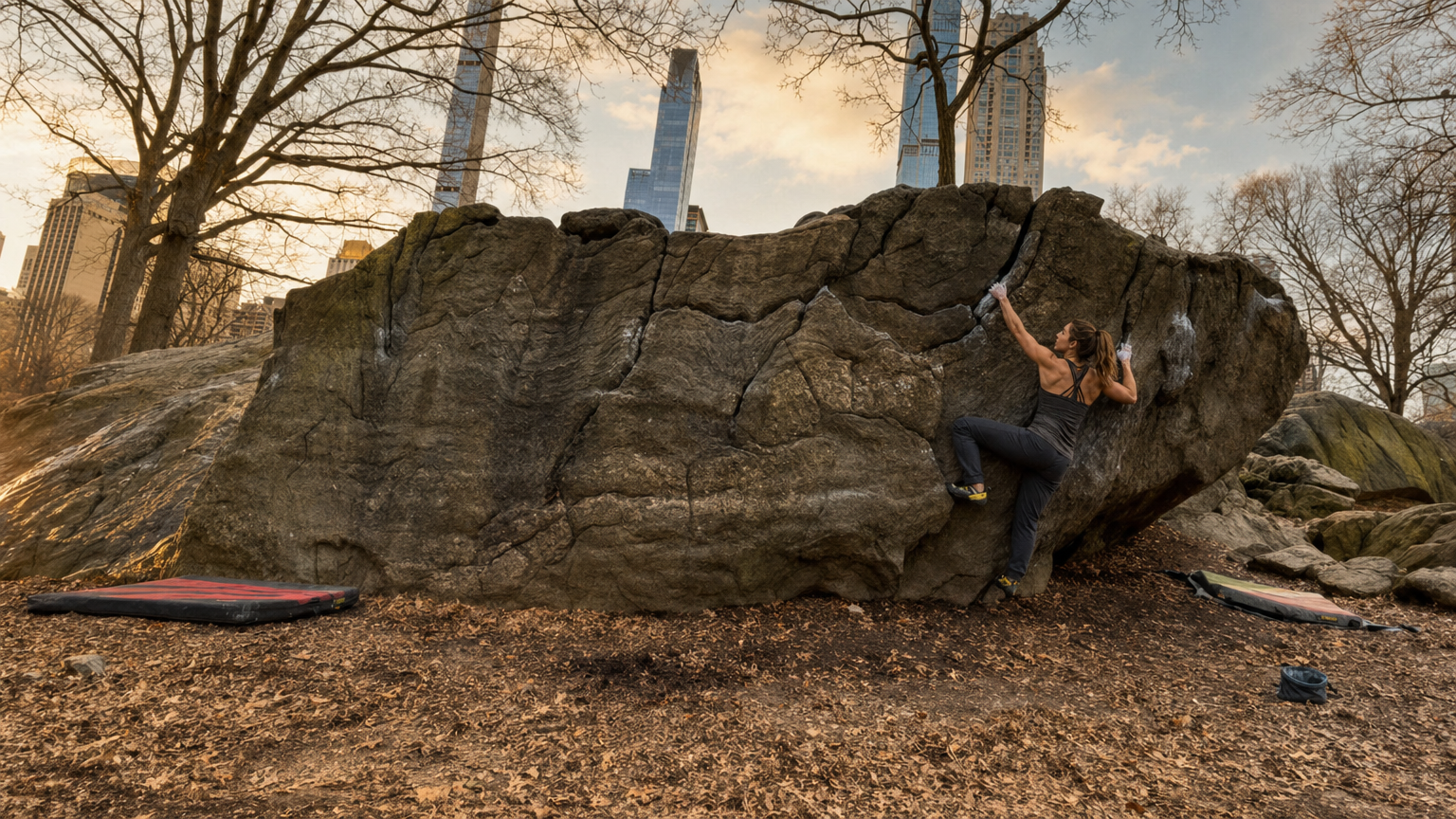 Rock climber on Manhattan schist with NYC skyline